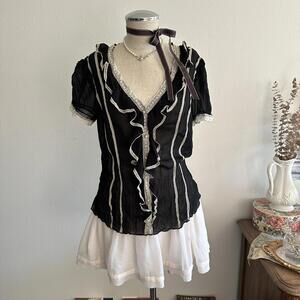Black silk lace ruffle blouse